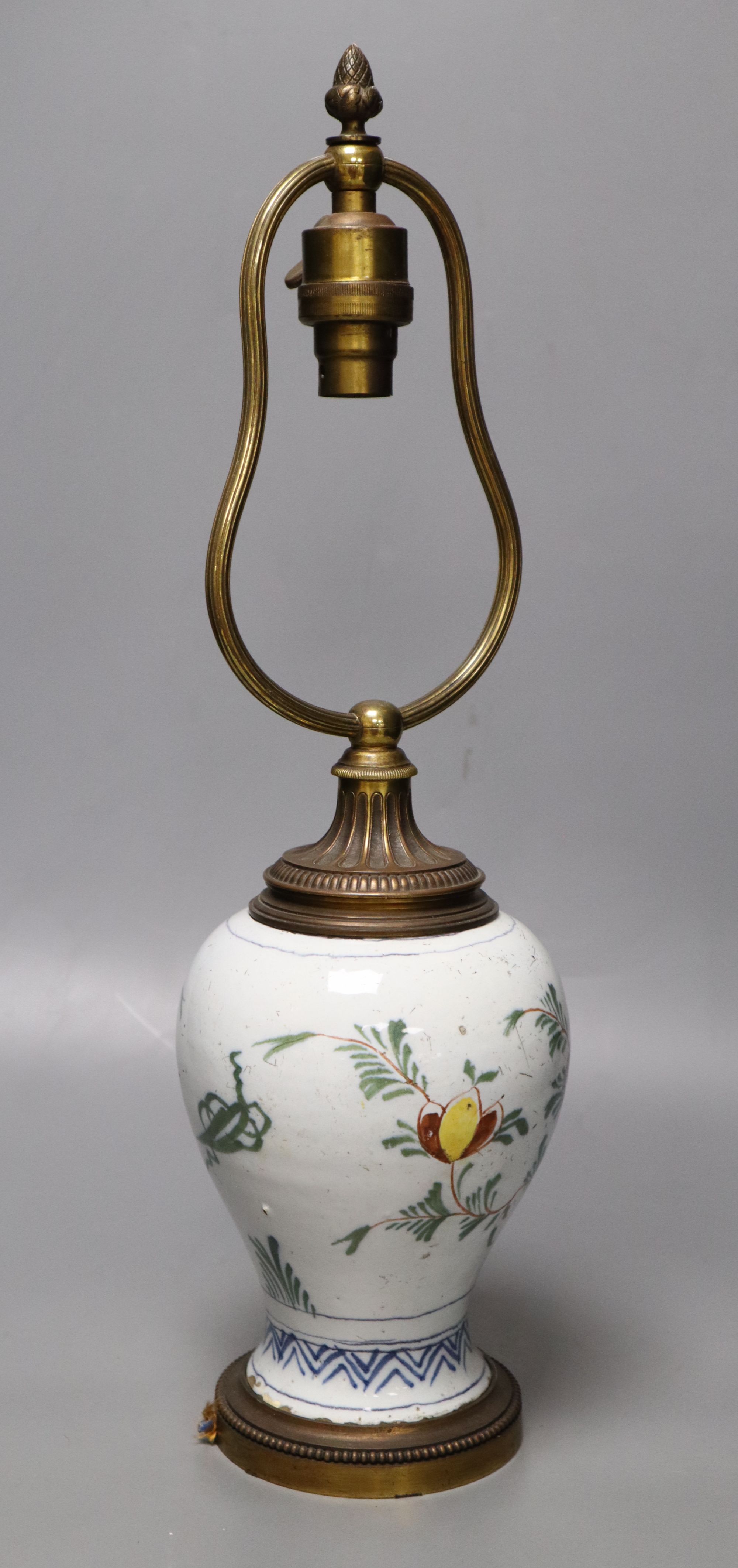 An 18th century Delft pottery vase converted to a lamp, overall height 46cm